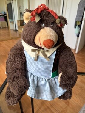 Vintage Atlanta Novelty Brown Bear in Blue Gingham Dress - Stuffed Animal